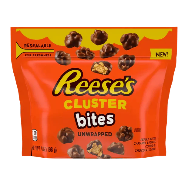 Front of Reese's Cluster Bites bag showing bright orange packaging, bold logo, and unwrapped clusters of peanut butter, caramel, and peanuts (198g pack)