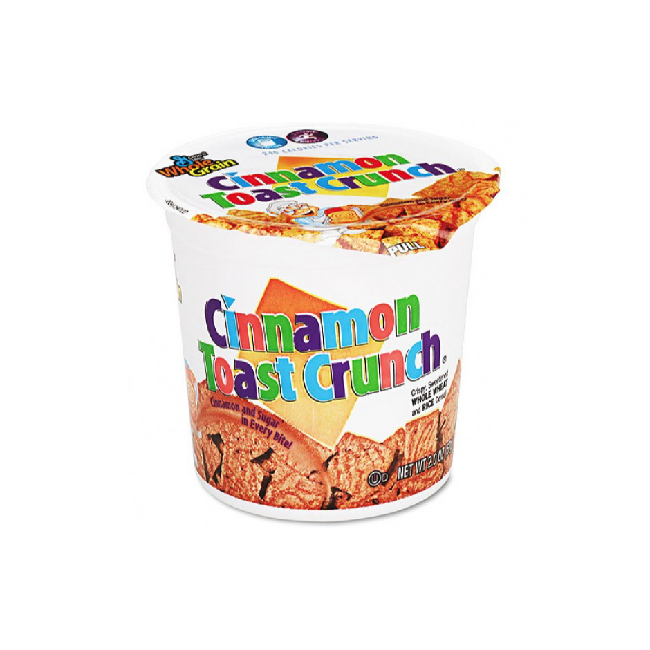 Front of Cinnamon Toast Crunch Cereal Cup showing colourful logo and image of cinnamon cereal pieces (48g cup)