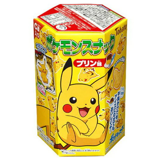 Front of Tohato Pokemon Pudding Flavour snack packaging featuring Pikachu and pudding flavour details in a 23g pack