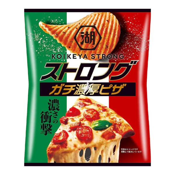 Front of Koikeya Strong Rich Pizza bag featuring bold logo and imagery of pizza on a green and red background (52g pack)