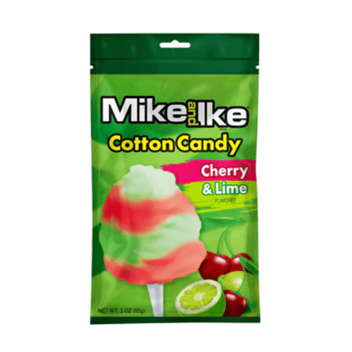 Front of Mike & Ike Cherry & Lime Cotton Candy bag displaying logo, vibrant design, and flavour details (85g pack)