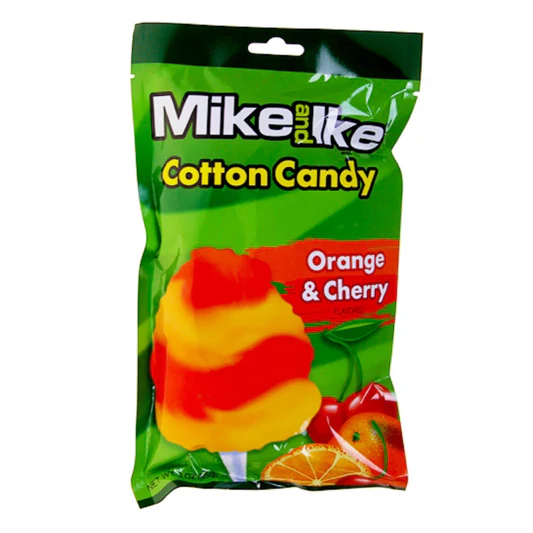 Front of Mike & Ike Orange & Cherry Cotton Candy bag showing brand logo, orange and cherry flavour text, and colourful cotton candy image (85g pack)
