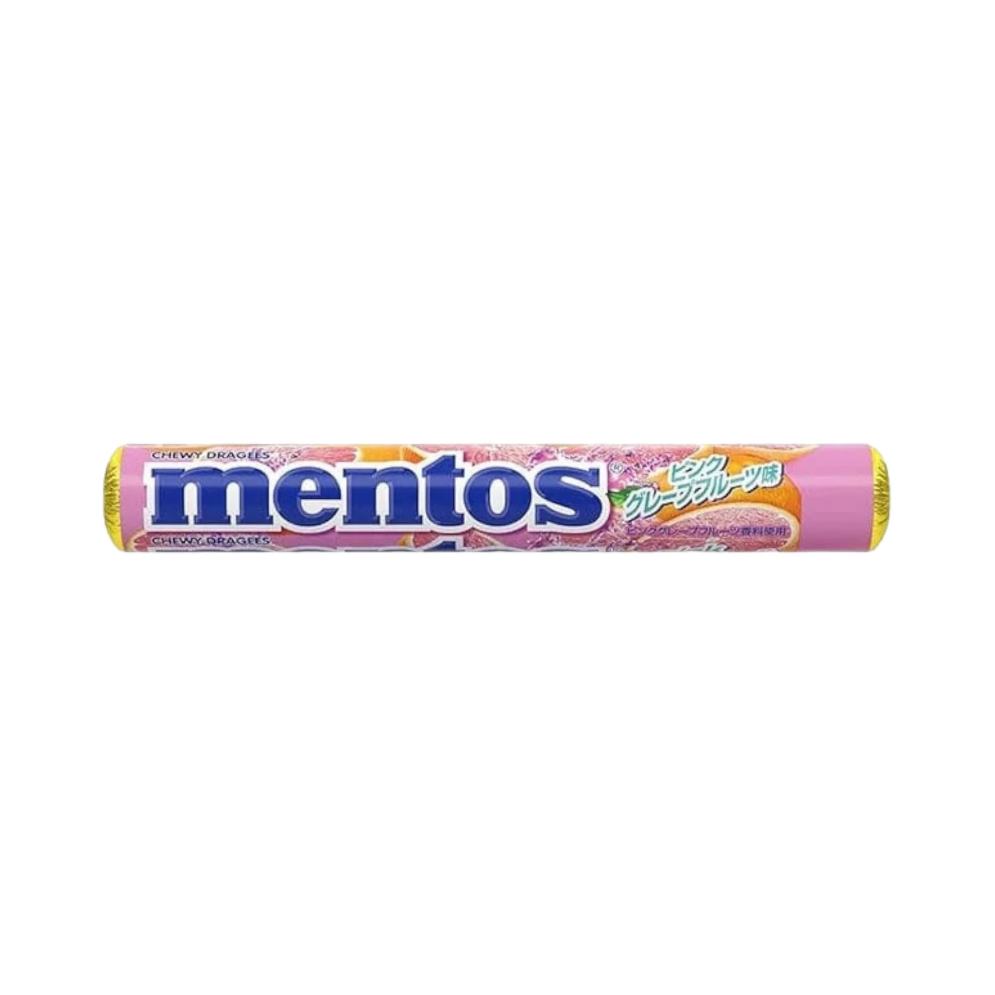 Front of Mentos Pink Grapefruit (Japan) tube showing the vibrant pink packaging, brand logo, and grapefruit flavour (37.5g pack)