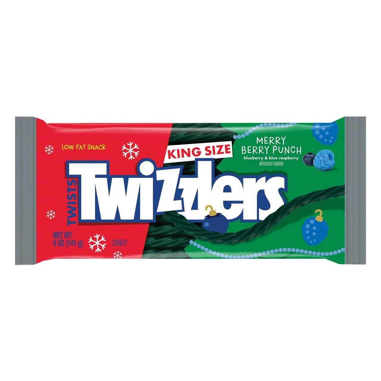 Front of Twizzlers Merry Berry Punch bag showing the bold logo, with a festive design, and indicating blueberry and blue raspberry flavours (141g pack)