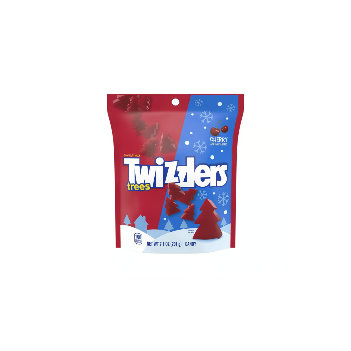 Front of Twizzlers Trees Cherry bag showing bright red design, cherry flavour label, and festive tree-shaped candy (201g pack)