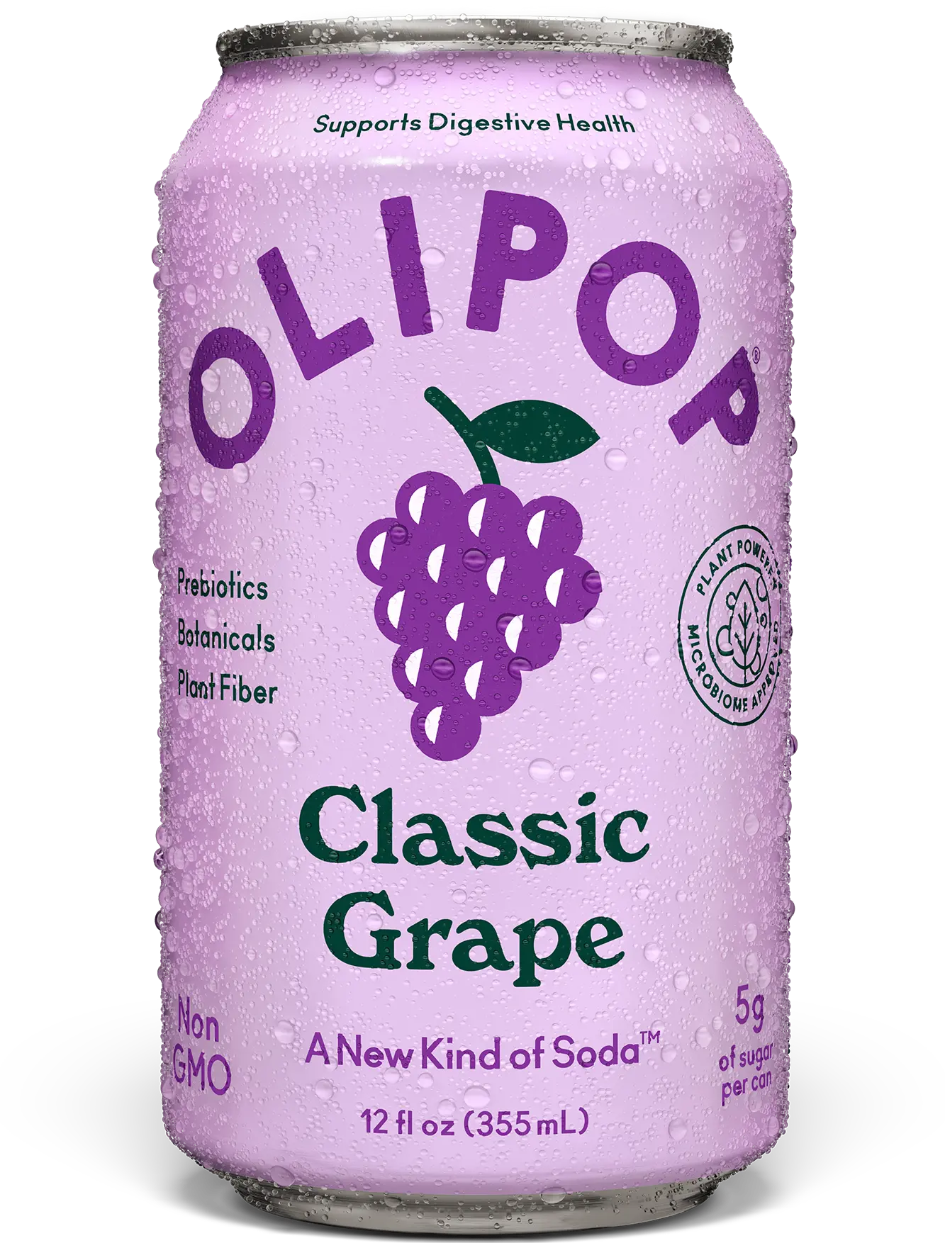 Front of Olipop Classic Grape can showcasing purple logo, grape design, and 355ml label details.