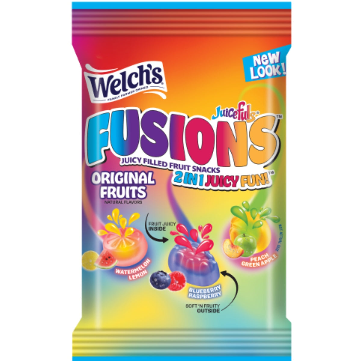 Front of Welch's Juicefuls 2 in 1 fusions pack showing vibrant orange and purple design, fruity flavours, and 113g size.