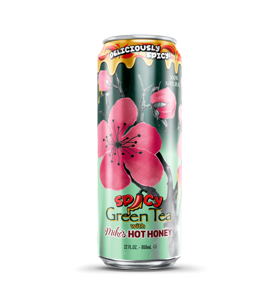 Front of Arizona x Mike's Hot Honey Green Tea can showcasing vibrant floral design, spicy green tea label, and 650ml pack size.