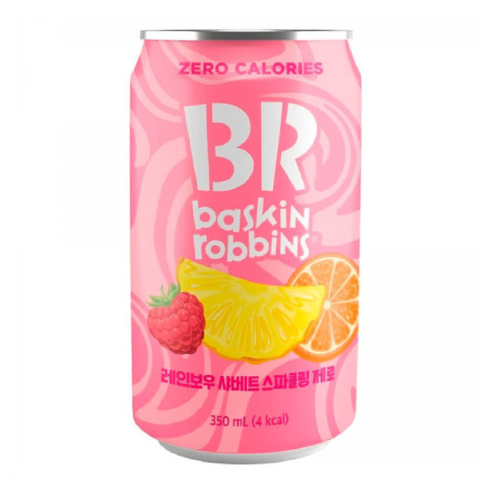 Front of Baskin Robbins Rainbow Sherbet Sparkling Zero can showing logo, fruity flavours of raspberry, pineapple, and orange, and 350ml pack size