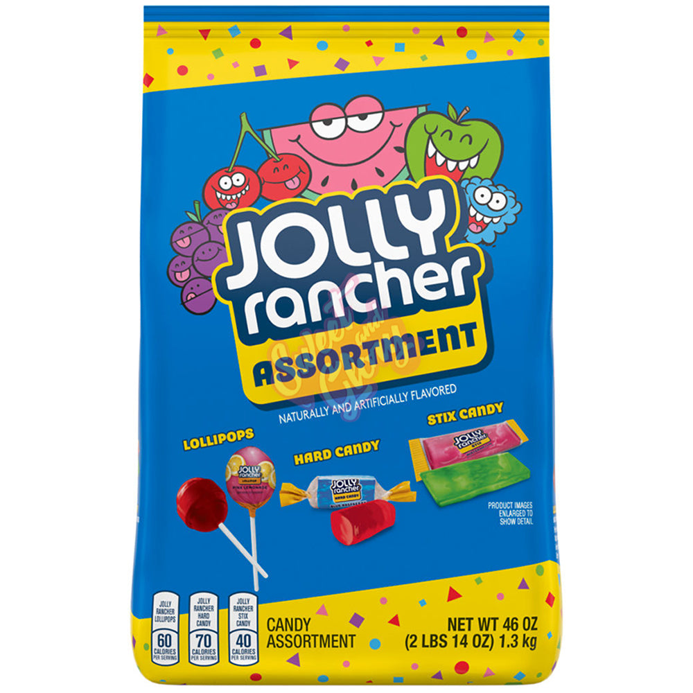 Front of Jolly Rancher Assortment BIG BAG showing colourful candy, logo, and various candy types (1.3kg pack)