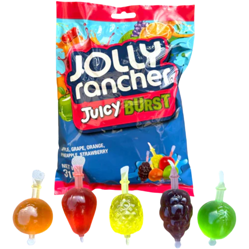 Front of Jolly Rancher Juicy Burst bag featuring the logo and vibrant colours, showcasing assorted fruit-shaped candy pieces (315g pack)