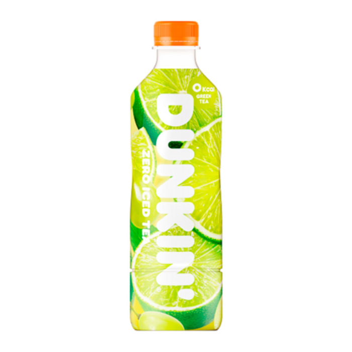 Front of Dunkin' Lime Iced Tea Zero Sugar bottle showcasing green tea, lime slices, and a 500ml label