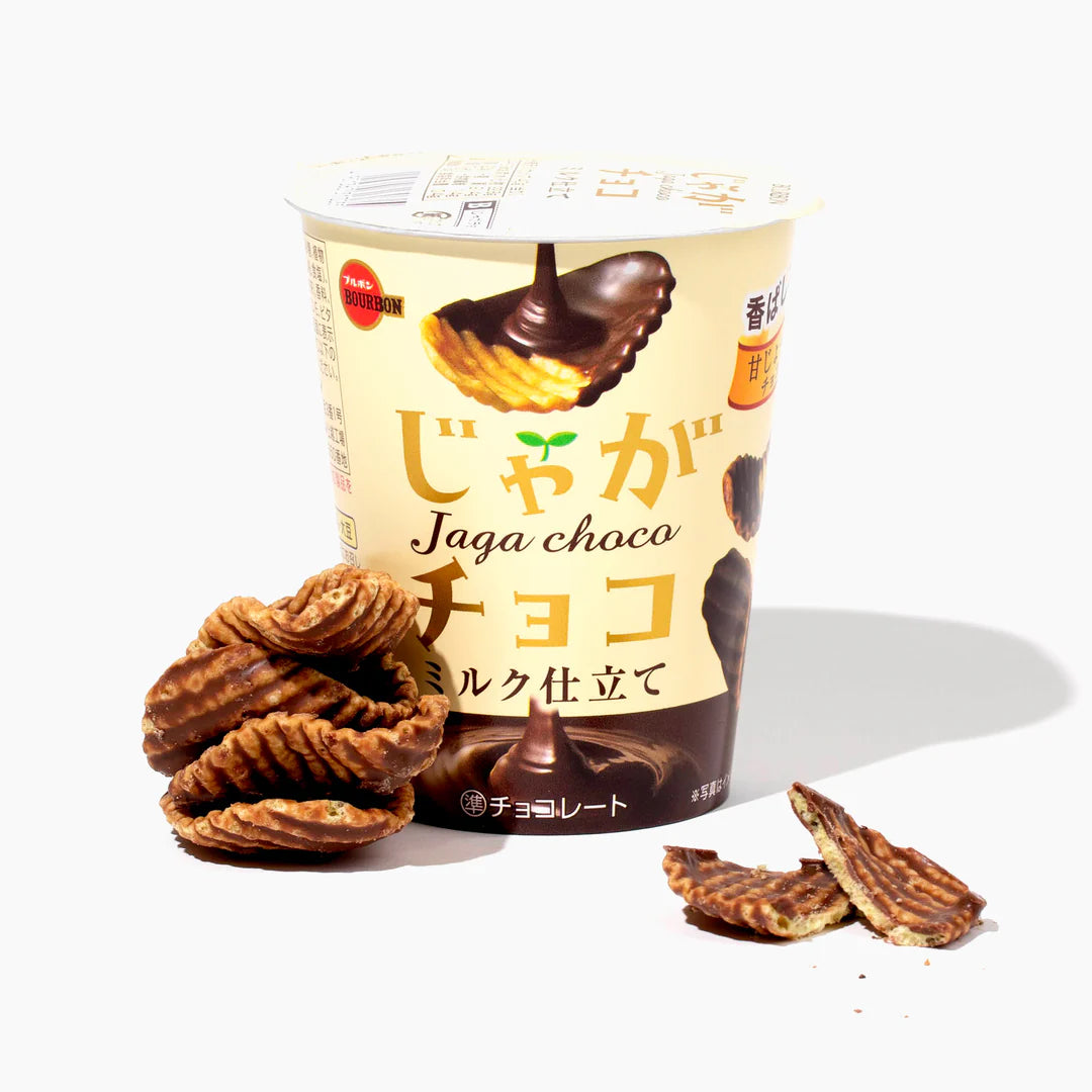 Front of Bourbon's Jaga Chocolate Crisps (Japan) tub showing logo, chocolate crisps, and pack size (40g)