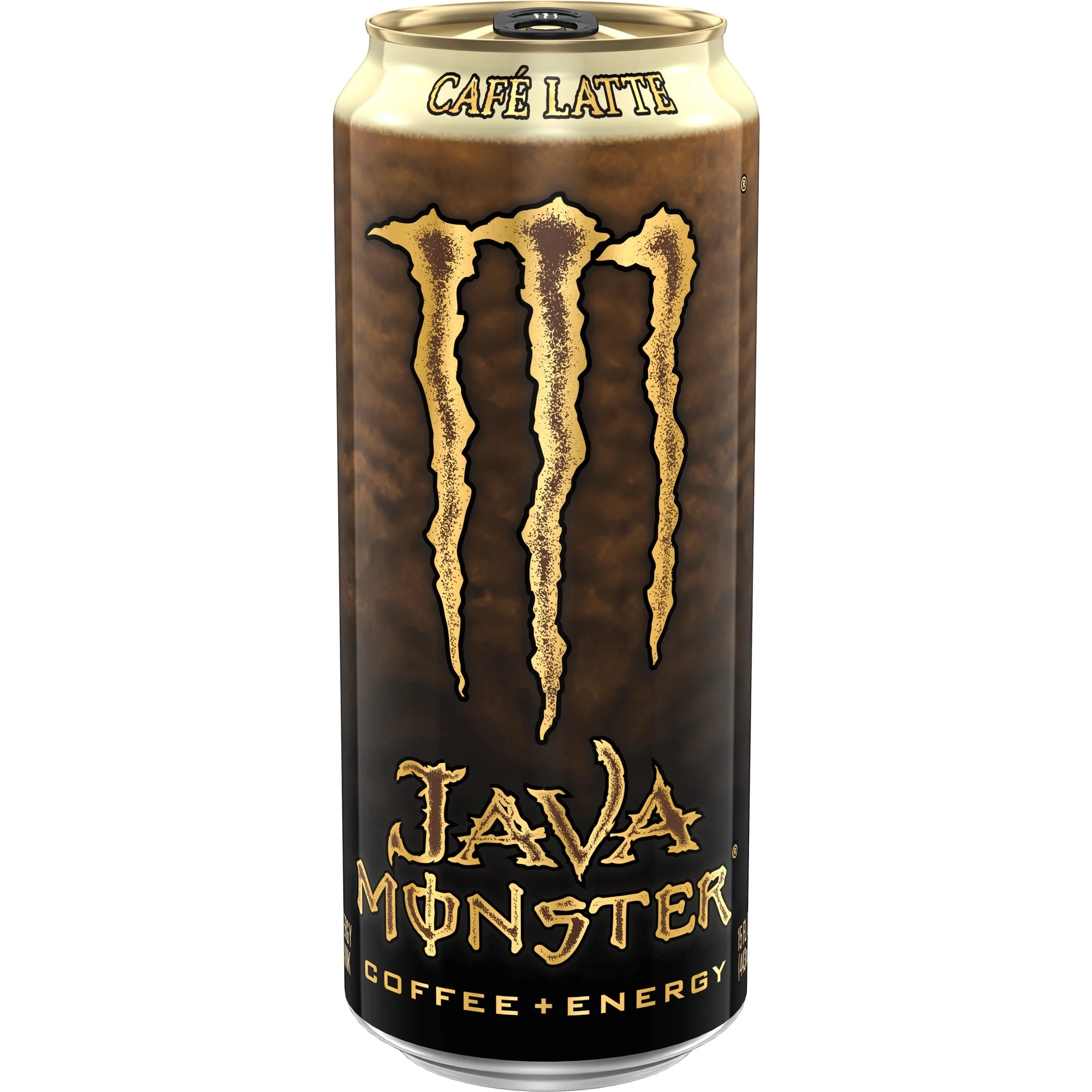 Front of Monster Java Café Latte can featuring coffee and cream design with logo and 443ml size indicated.