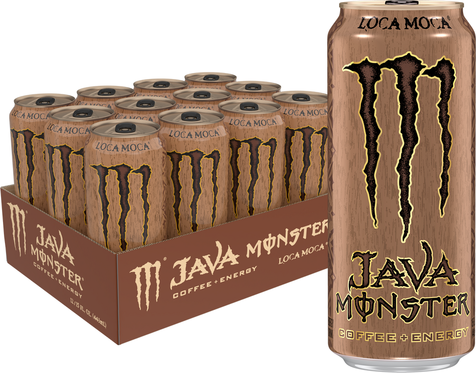 Front of Monster Java Loca Moca can showing logo, mocha coffee flavour, and 12-pack presentation (444ml each)