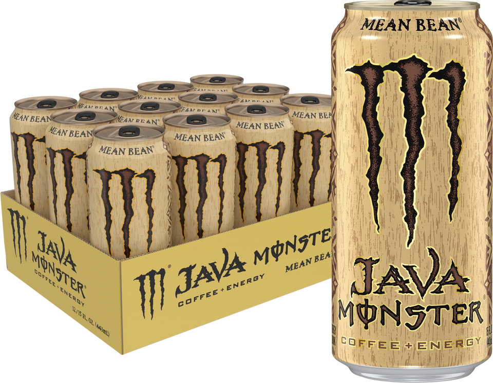 Front of Monster Java Mean Bean can showcasing coffee and energy drink branding, with a rich beige design and 444ml size, presented in a 12 pack.