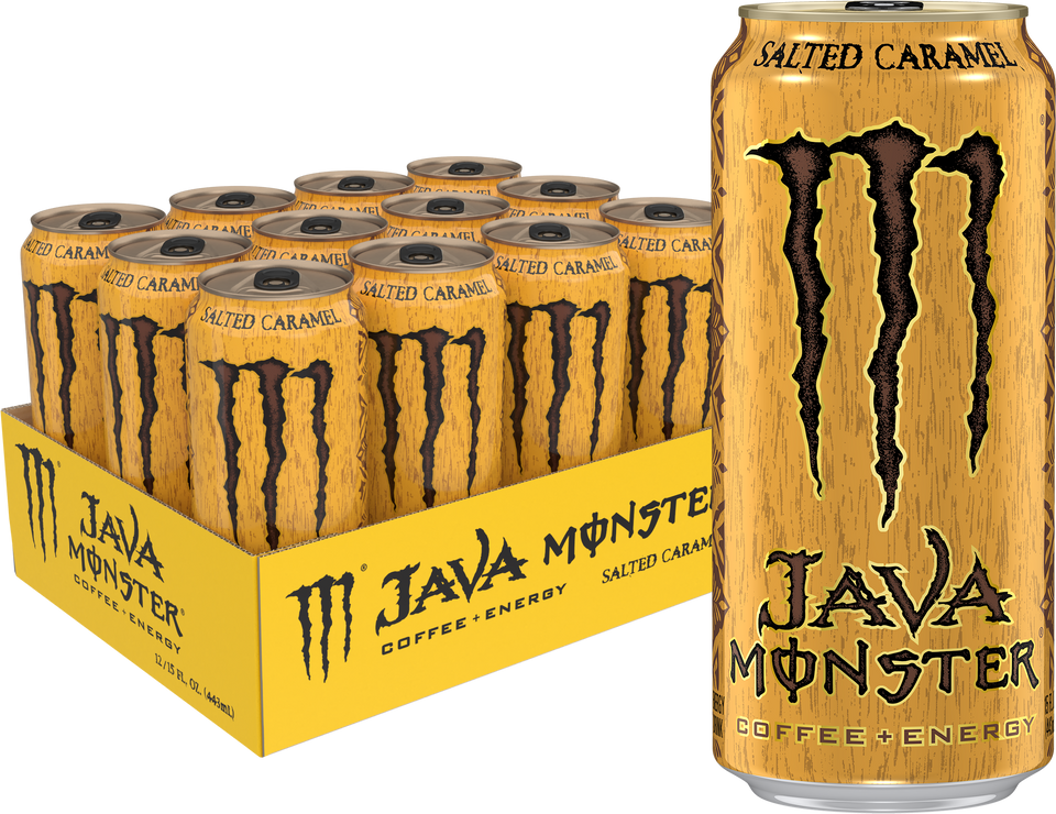 Front of Monster Java Salted Caramel can featuring bold logo, salted caramel flavour label, and details of 444ml size in a 12 pack.