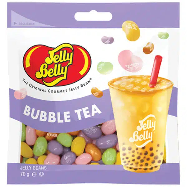 Front of Jelly Belly Bubble Tea Jelly Beans bag featuring the Jelly Belly logo, bubble tea illustration, and colourful jelly beans (70g pack)