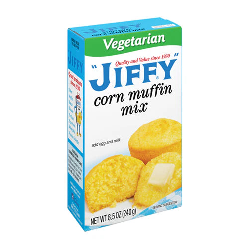 Front of Jiffy Vegetarian Corn Muffin Mix box showing the blue logo and image of fluffy corn muffins (240g pack)