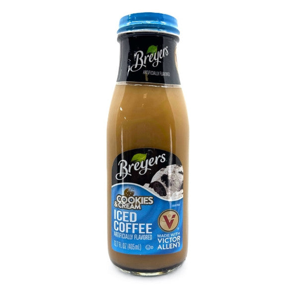 Front of Breyers Cookies and Cream Iced Coffee bottle showcasing logo, cookies and cream flavour, and 405ml pack size