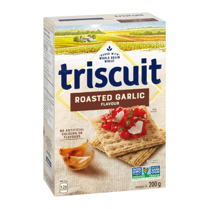 Front of Triscuit Roasted Garlic box showing logo, roasted garlic flavour, and 200g pack size with image of crackers and toppings