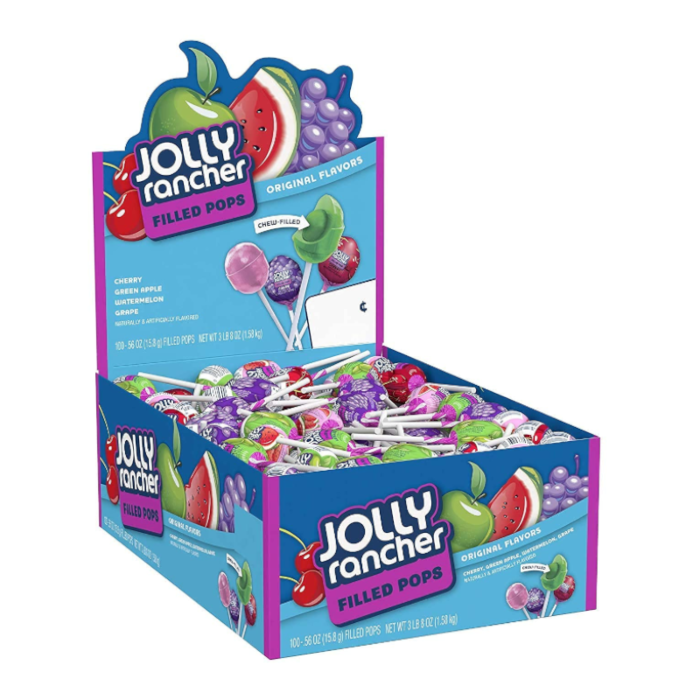Front of Jolly Rancher Filled Pops box showing colourful lollipops in original flavours, cherry, green apple, watermelon, and grape, with a 100 pack (1580g) label.