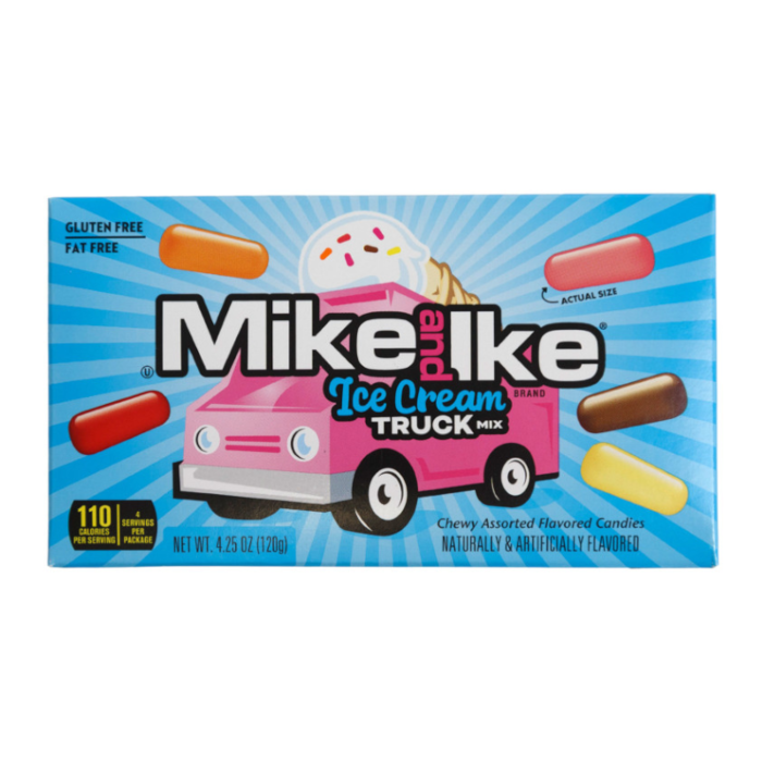 Front of Mike & Ike Ice Cream Truck Mix box featuring logo, pink ice cream truck illustration, and assorted candy pieces (120g pack)