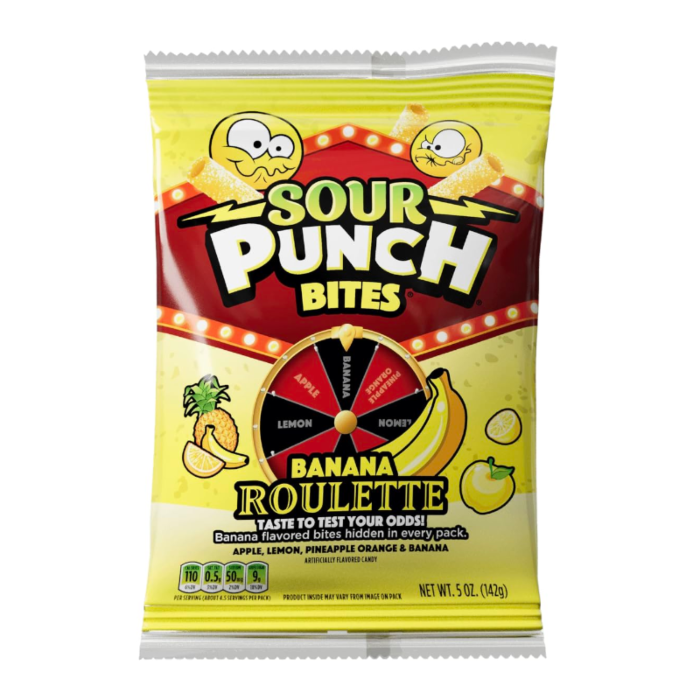 Front of a bag of Sour Punch Bites Banana Roulette showing colourful graphics, banana roulette logo, and pack size (142g)