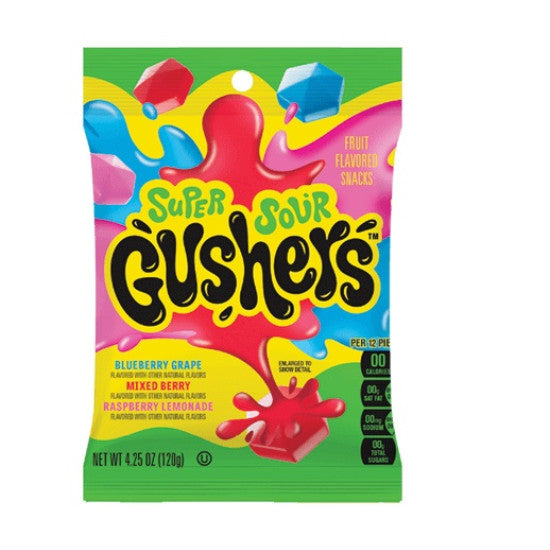 Front of Gushers Sour Fruit Flavored Snacks bag featuring bold yellow and green design with flavourful graphics, 120g pack size