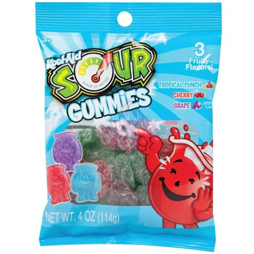 Front of Kool Aid Sour Gummies bag featuring bright logo, assorted fruity gummy shapes, and bold sour gummy text (113g pack)