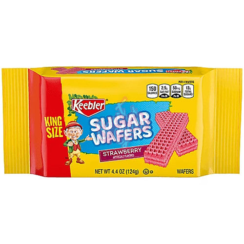 Front of Keebler Sugar Wafers King Size Strawberry pack showing logo, strawberry flavour, and 124g quantity.