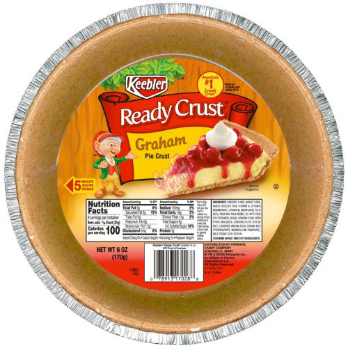 Front of Keebler Graham Pie Crust showing the logo, pie crust details, and picture of a pie slice with fruit topping (170g pack)