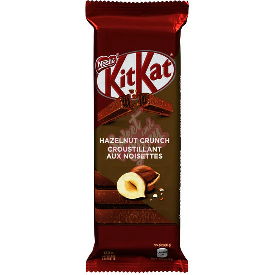 Front of Kit Kat Hazelnut Crunch bar showing the logo, hazelnut flavour label, and an image of the chocolate bar (120g pack)