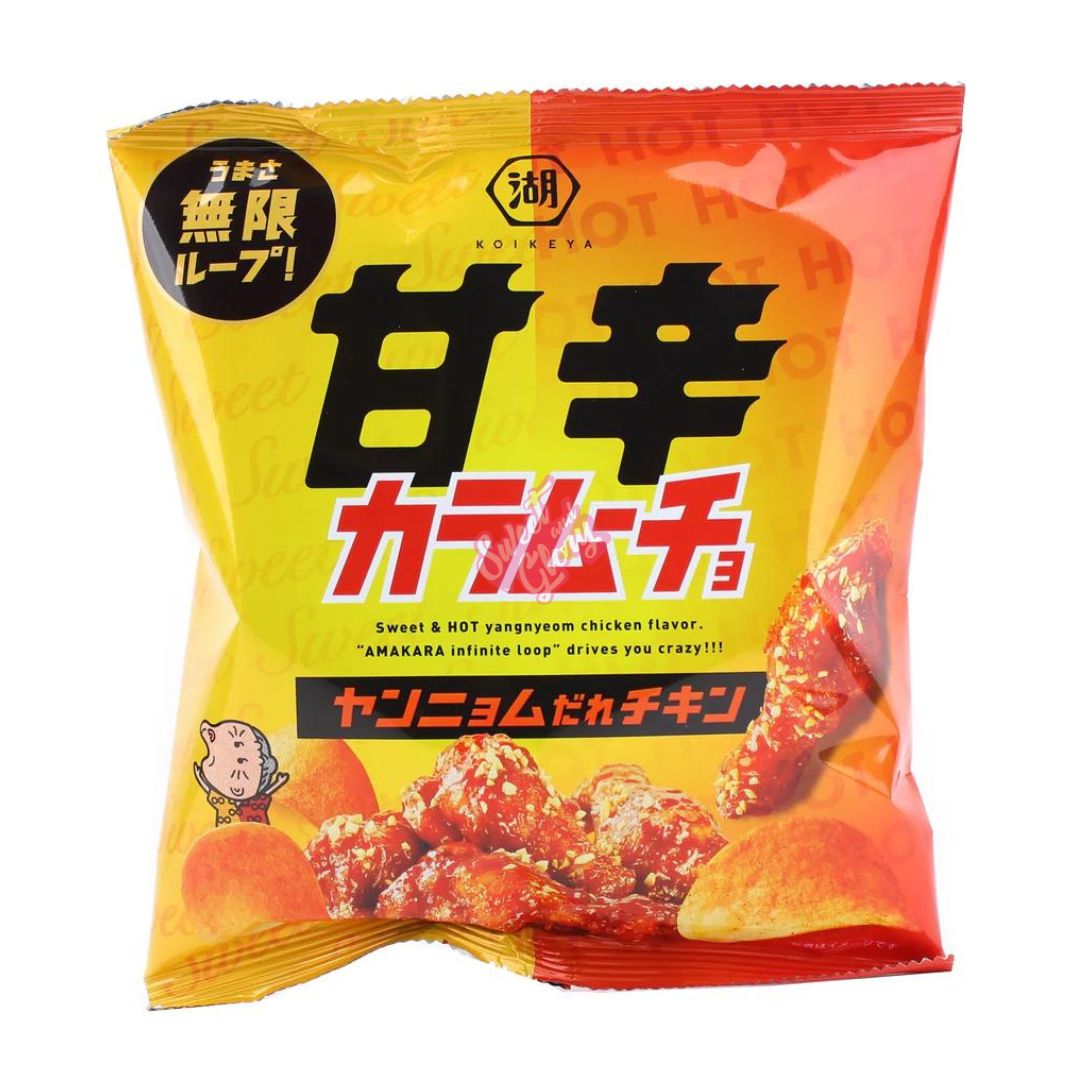 Front of Koikeya Sweet & Hot Fried Chicken bag featuring bold yellow design, sweet and hot flavour text, and 53g pack size.