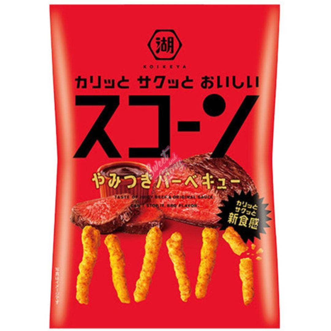 Front of Koikeya Strong Onion Steak bag showing bold red packaging with onion steak flavour and 78g pack size.