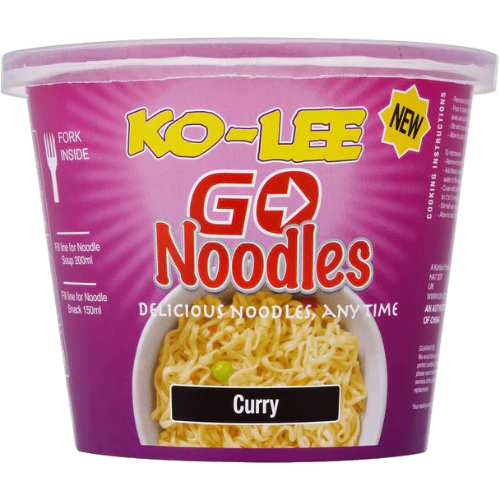 Front of Ko-Lee Go Noodles Cup Curry showing pink cup with logo, curry flavour image, and fork inside (65g pack)