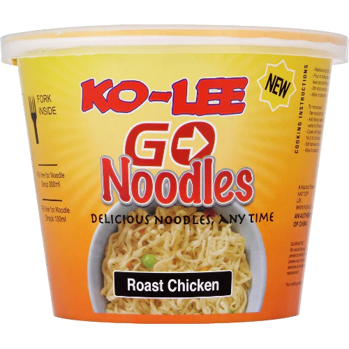 Front of Ko-Lee Go Noodles Cup showing bright orange packaging with logo and roast chicken flavour label, 65g pack size visible