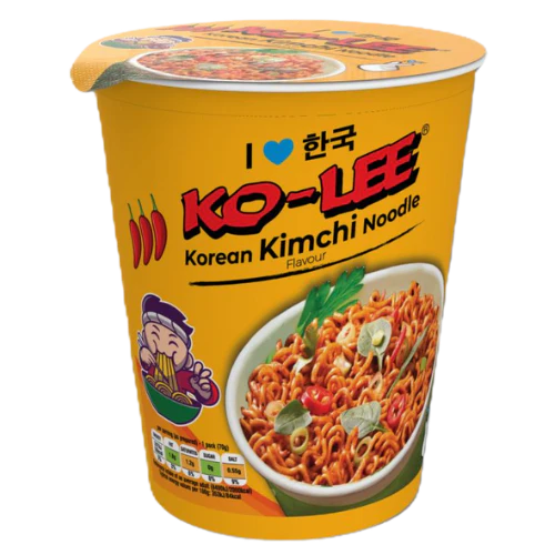 Front of Ko-Lee Noodles Cup Korean Kimchi showing yellow cup with logo, noodle dish image, and Korean kimchi flavour text (65g pack)