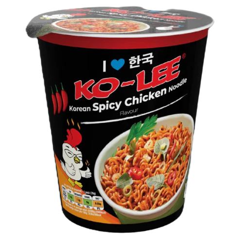 Front of Ko-Lee Noodles Cup Korean Spicy Chicken showing bold logo, vibrant design, and image of spicy chicken noodles (65g cup)