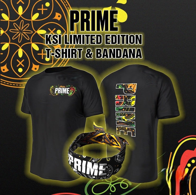 Front of Prime Hydration KSI Limited Edition T-Shirt & Bandana featuring bold logo on a black t-shirt and a stylish bandana, Size Large