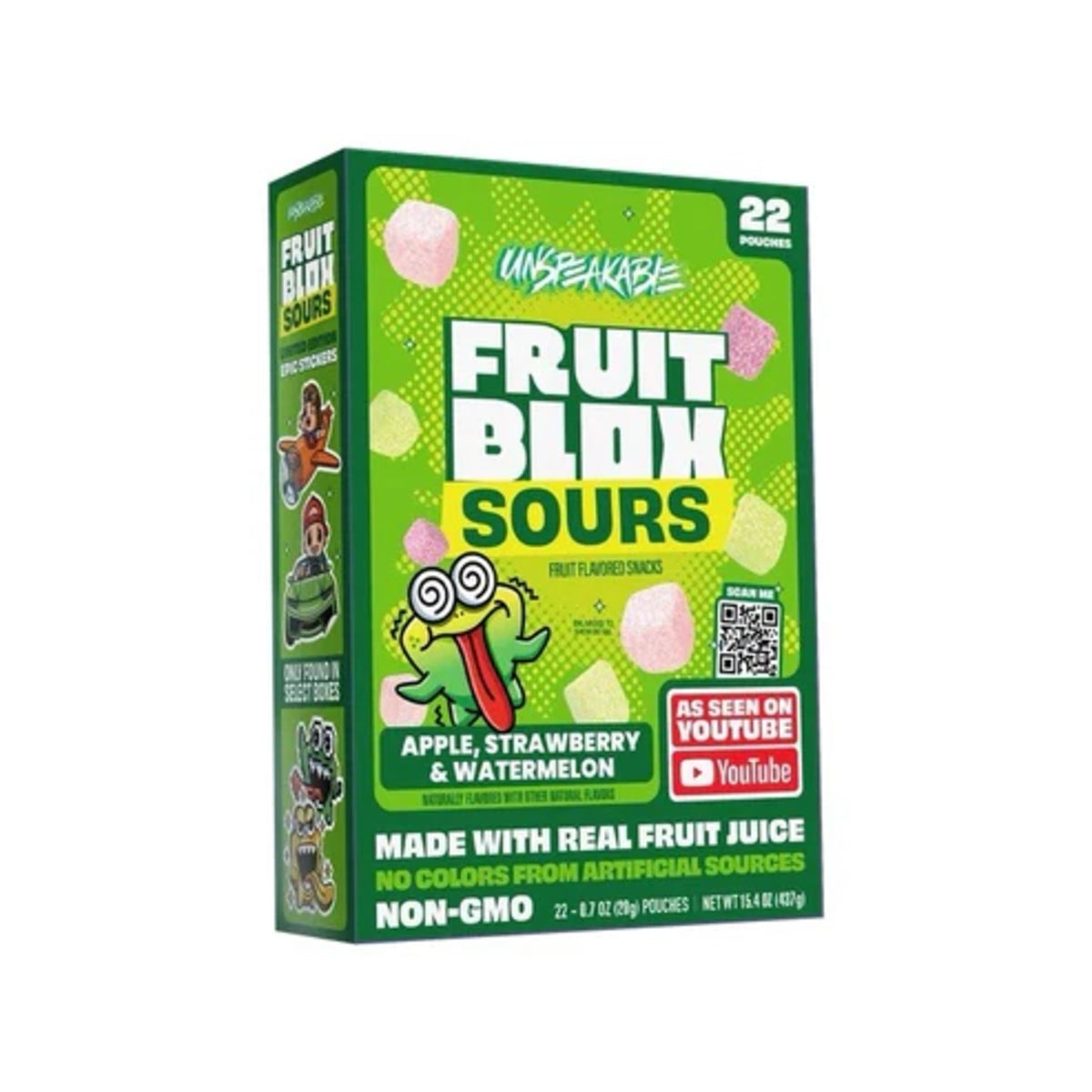 Front of Unspeakable FruitBlox Sours Gummies box featuring vibrant green packaging, logo, flavour details of apple, strawberry, and watermelon, and 22 pouches pack size (437g)