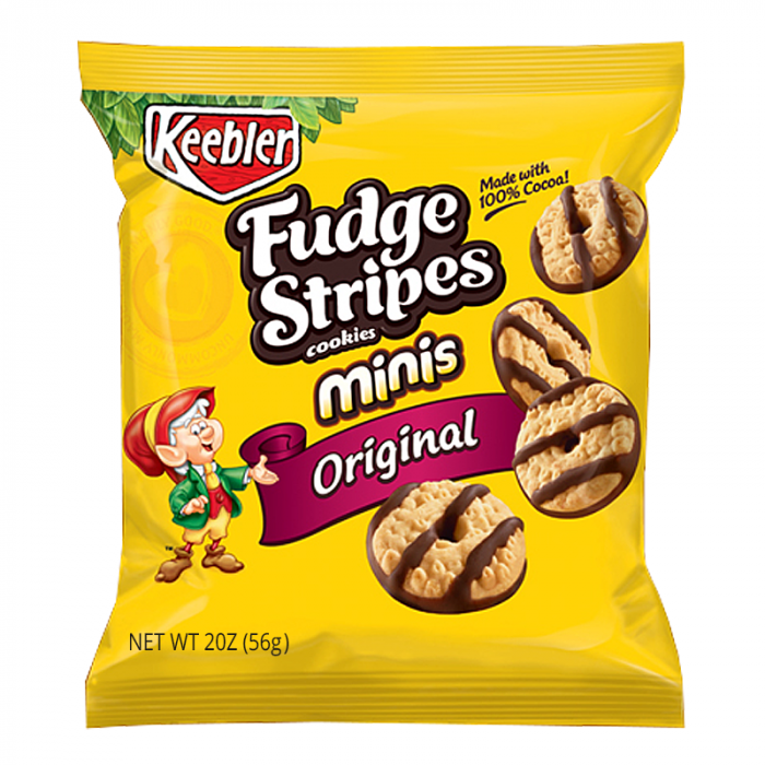 Front of Keebler Fudge Stripes Cookies Minis Original bag showing logo, cookie design, and pack size (56g)
