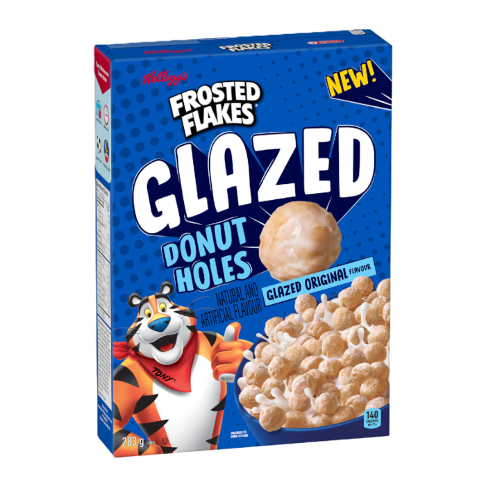 Front of Kellogg's Frosted Flakes Glazed Donut Holes box featuring the logo, glazed donut holes, and vibrant packaging (283g pack)