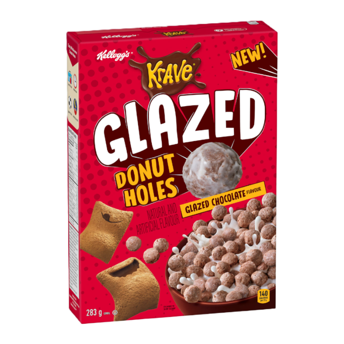 Front of Kellogg's Krave Glazed Donut Holes box featuring glazed chocolate flavour label, donut hole images, and 283g pack size.