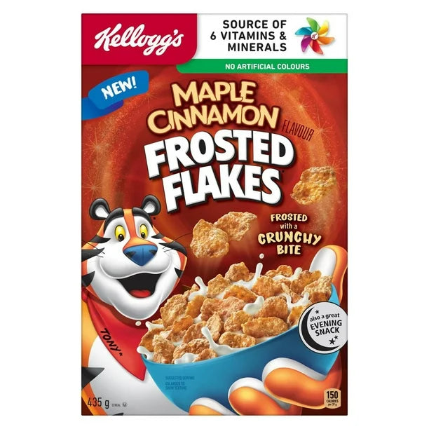 Front of Kellogg's Maple Cinnamon Frosted Flakes box showing logo, maple cinnamon flavour label, and image of frosted flakes in a bowl (329g pack)