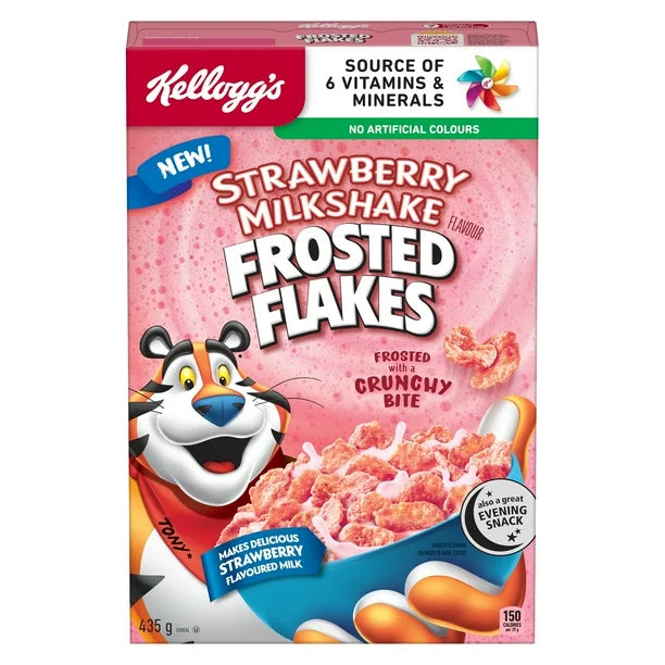 Front of Kellogg's Strawberry Milkshake Frosted Flakes box showing bold pink background, strawberry milkshake flavour text, and image of cereal (329g pack)