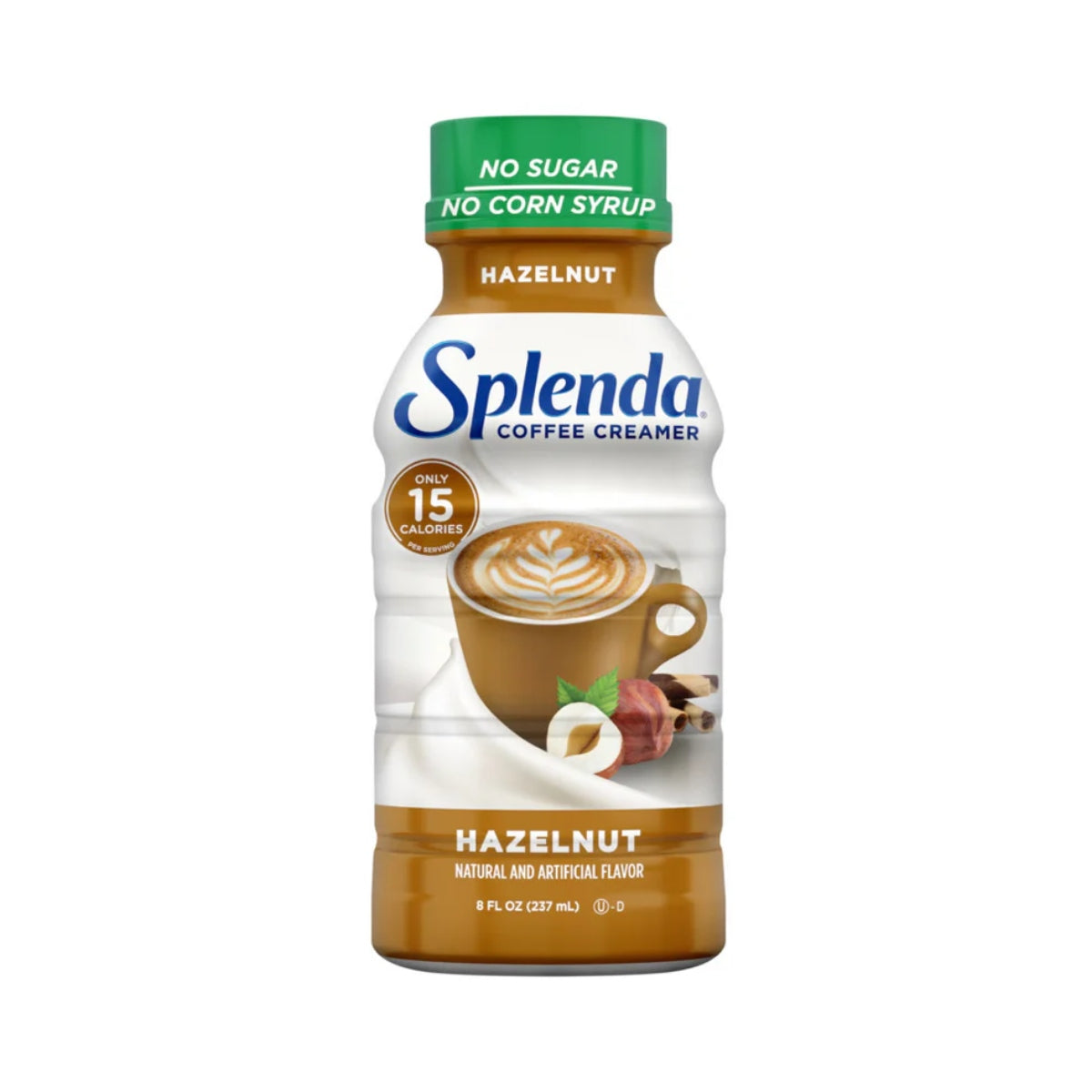Front of Splenda Coffee Creamer Hazelnut No Sugar bottle showing logo, coffee cup with latte art, hazelnut elements, and 237ml volume