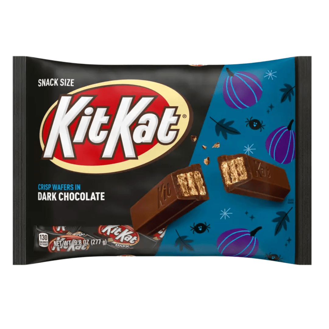 Front of Kit Kat Halloween Dark Chocolate Snack Size Bar (277g) featuring crispy wafers in dark chocolate, Halloween-themed packaging with imagery of spooky pumpkins and icons.