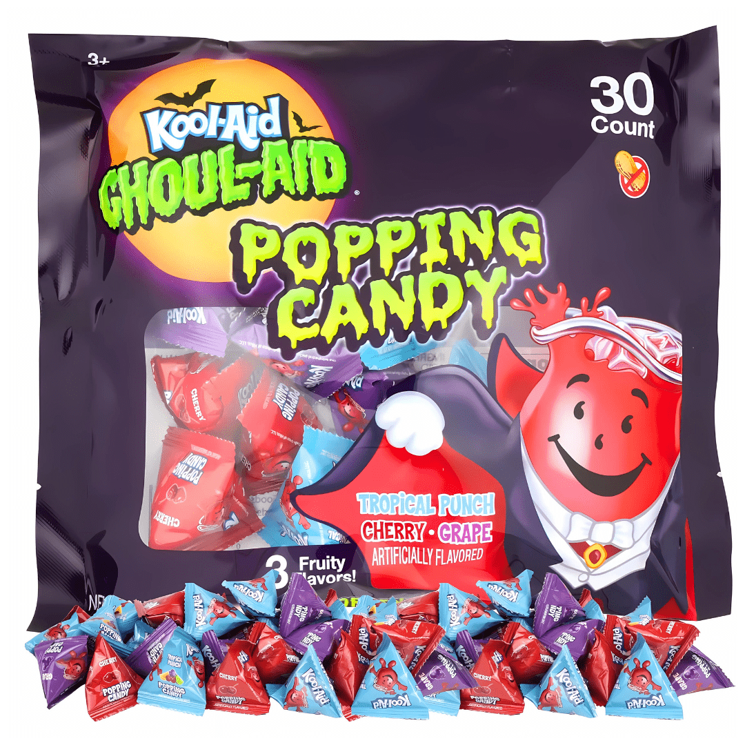 Front of Kool Aid Ghoul Aid Popping Candy 30 Pack showing colourful wrappers, fruity flavours, and bold logo in a playful design (90g pack)