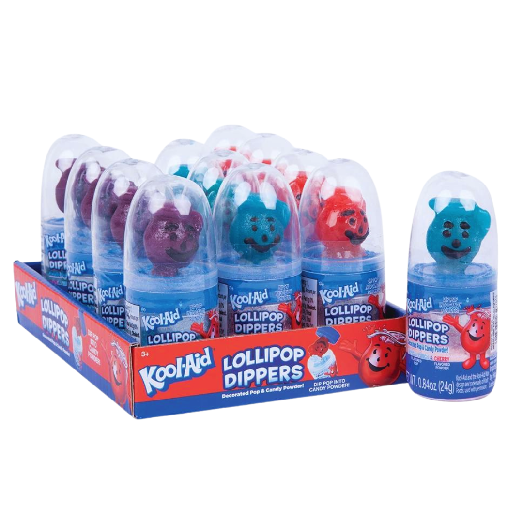 Front of Kool-Aid Lollipop Dippers package showing colourful lollipops with candy powder, including the logo and 24g pack size.